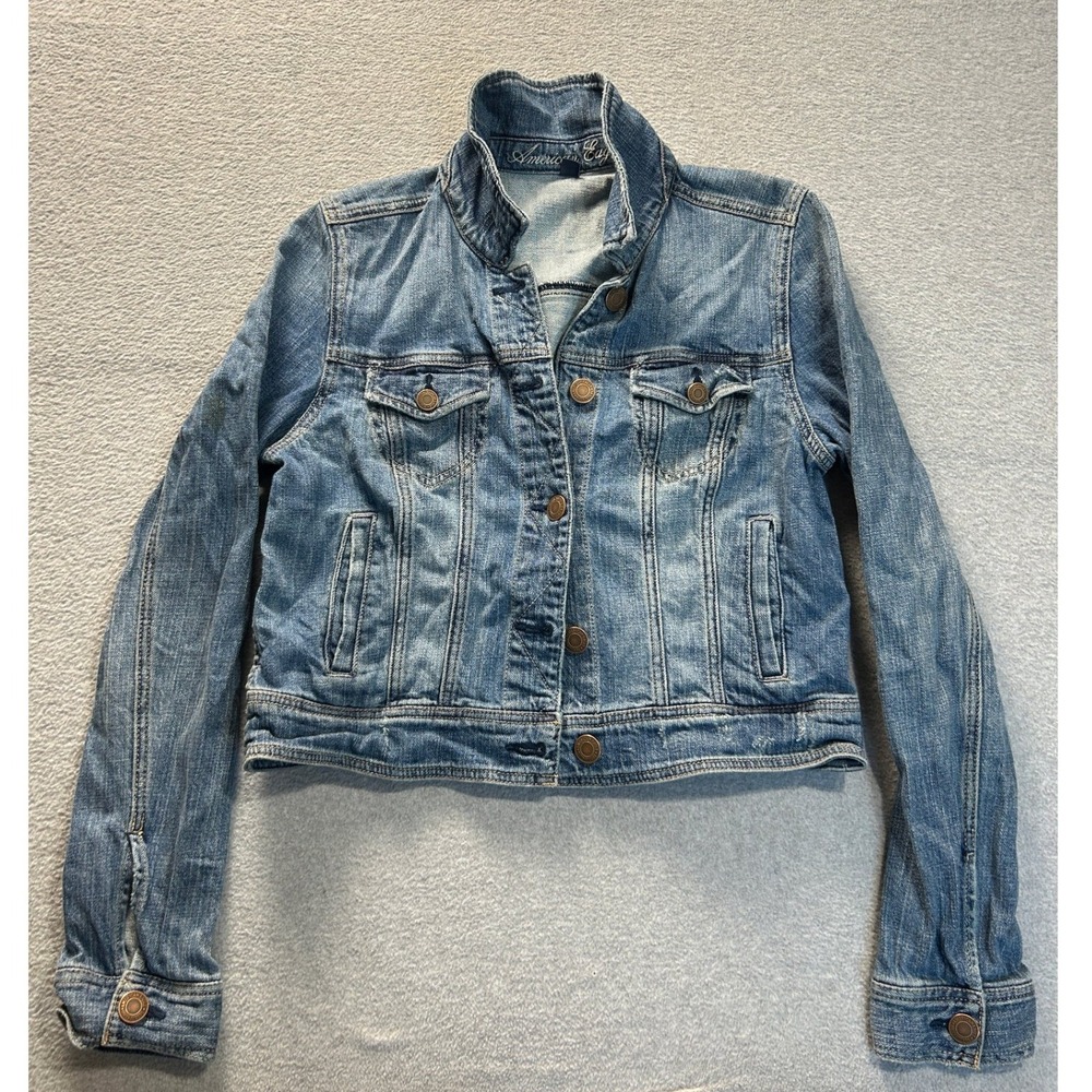 American Eagle Trucker Jean Jacket Womens Large Light Wash Stretch Denim Y2K